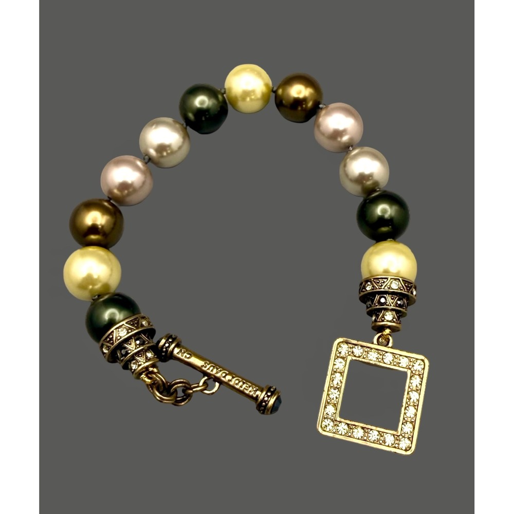 Heidi‎ Daus Faux Pearl Crystal Square Charm Toggle Bracelet Signed